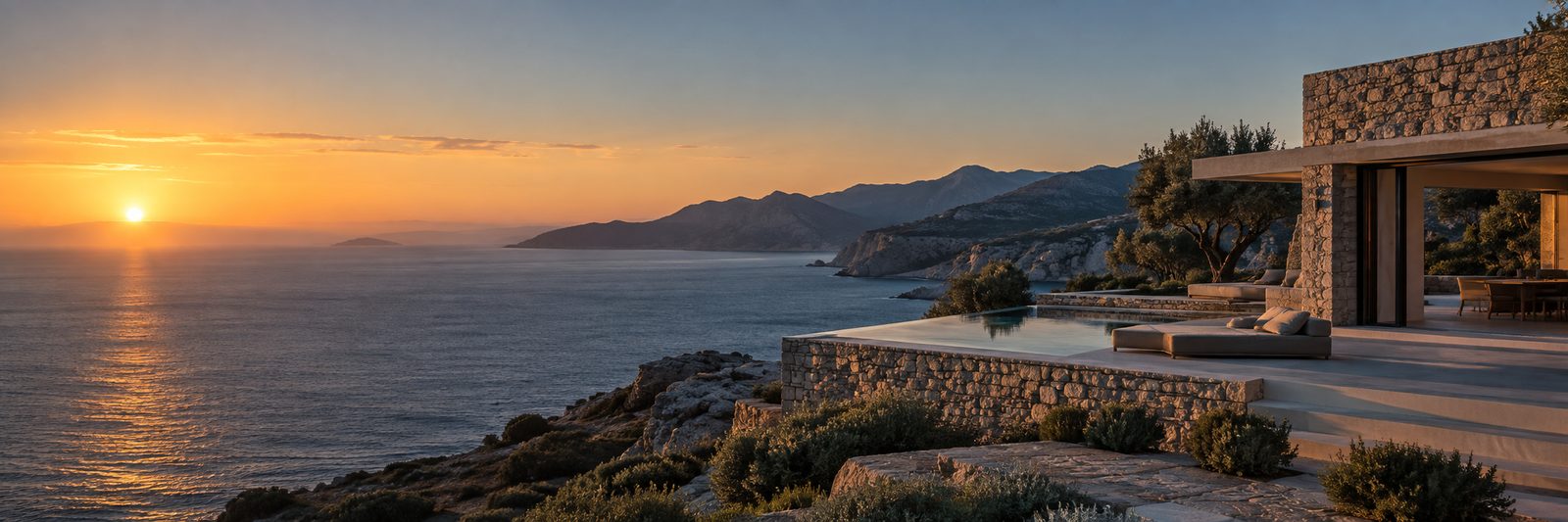 Contemporary coastal hospitality property overlooking the sea at sunset