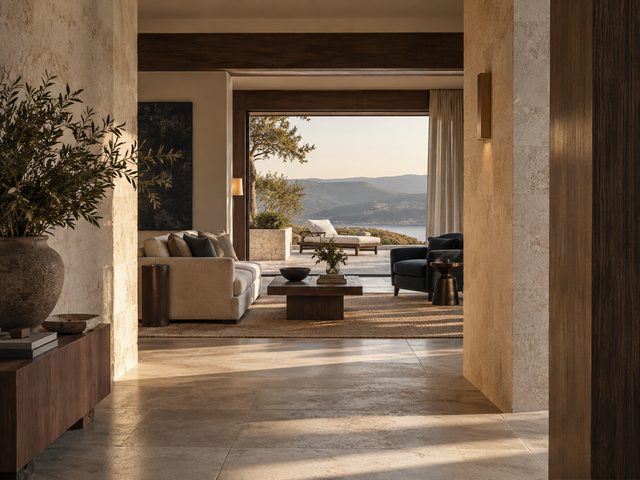 Serene hospitality interior in stone, dark wood and linen